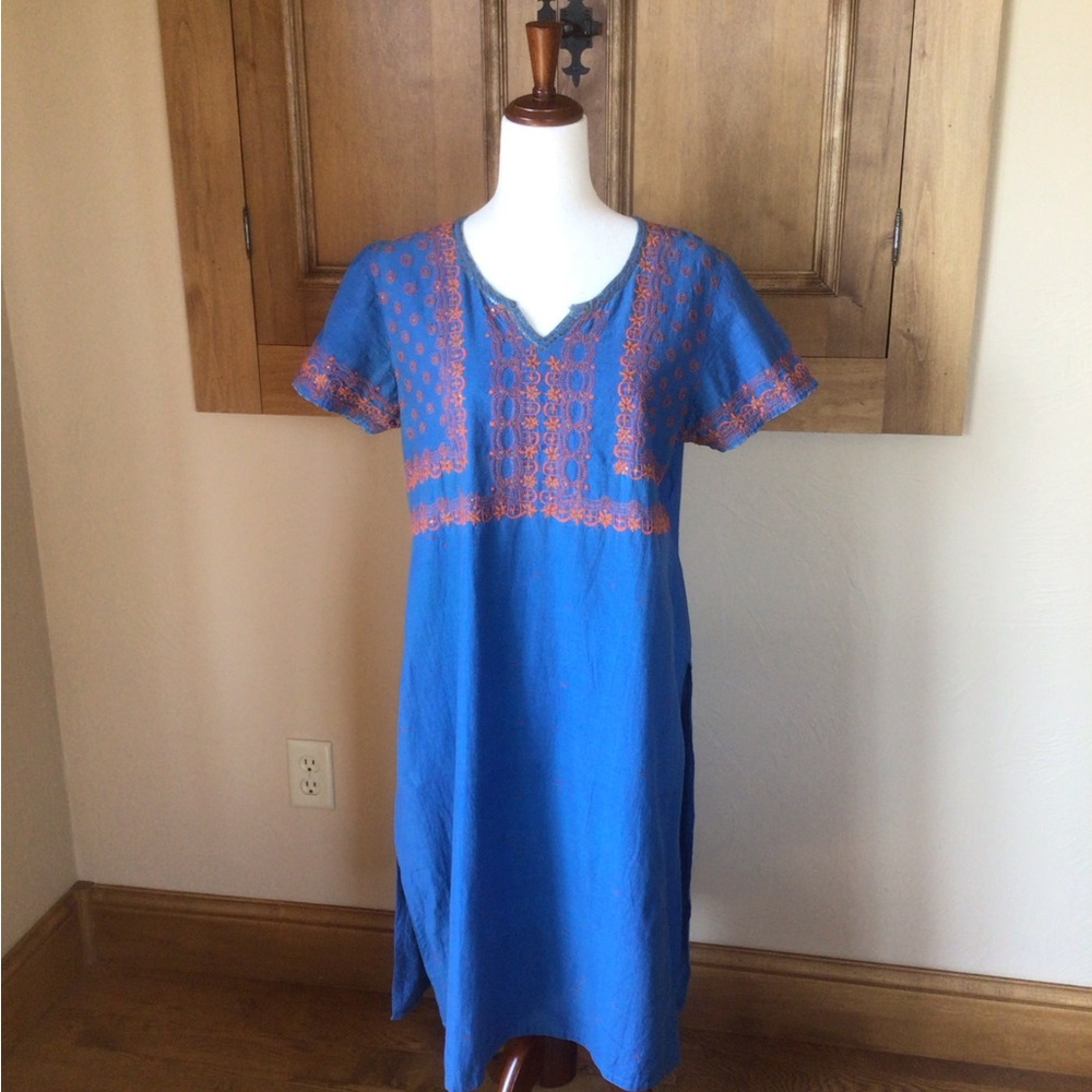 Cotton Blue and Orange Embroidered Midi Dress